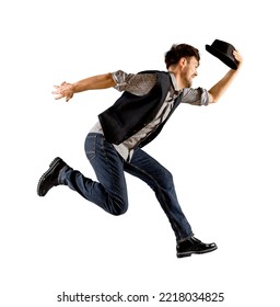 Man With Black Hat Dancing On White Background. Contemporary Ballet