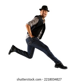 Man With Black Hat Dancing On White Background. Contemporary Ballet