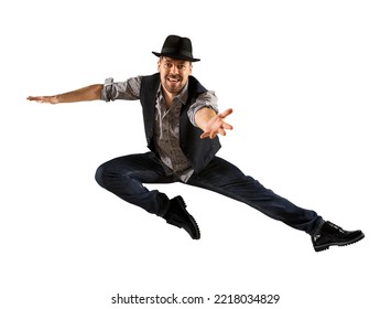 Man With Black Hat Dancing On White Background. Contemporary Ballet