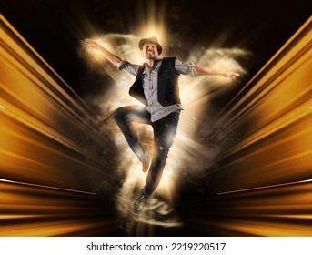 Man With Black Hat Dancing On Yellow Neon Background. Contemporary Ballet