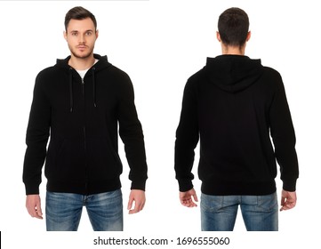 Man in black hooded sweatshirt on white background. Front view, back view - Shutterstock ID 1696555060