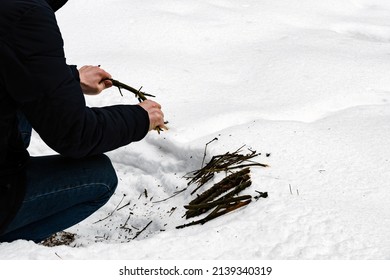 A Man In A Black Jacket Breaks Dry Brushwood To Light A Winter Fire. Making A Bonfire In Winter In The Snow For A Family Picnic. Heating In Winter When Traveling On Vacation.