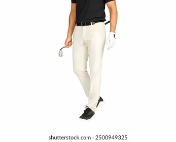 A man in a black polo shirt and white golf pants holding a golf club, ready for a round of golf on a bright day. - Powered by Shutterstock