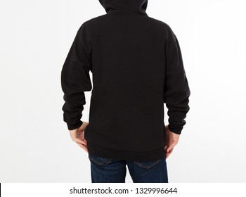 Man In Black Pullover Hoodie Mockup - Back View Cropped Image