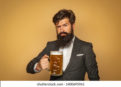 Man In Black Suit Drinking Beer. Man With Beer. Man With Beard Drink Beer. Retro Man With A Beer. Enjoy In Pub