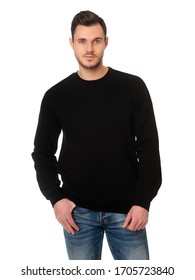 Man In A Black Sweatshirt On A White Background. Template Of A Black Sweatshirt