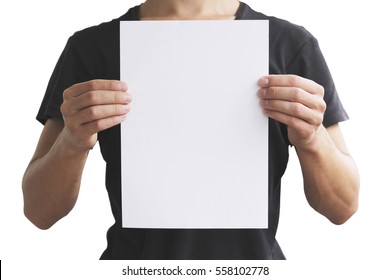 Man In Black T Shirt Holding Blank White A4 Paper Vertically. Leaflet Presentation. Pamphlet Hold Hands. Man Show Clear Offset Paper. Sheet Template. Isolated On White Background