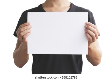 Man In Black T Shirt Holding Blank White A4 Paper Horizontally. Leaflet Presentation. Pamphlet Hold Hands. Man Show Clear Offset Paper. Sheet Template. Isolated On White Background