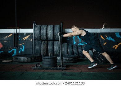 A man in a black tank top performs a tire flip exercise on a rooftop gym at night. - Powered by Shutterstock