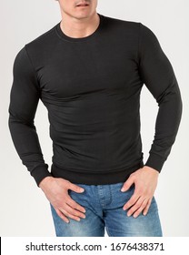 Man In Black Turtleneck With Long Sleeves On White Background, Mock-up, Copy Space