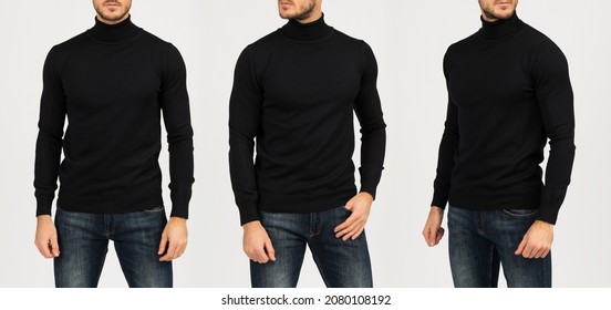 Man in a black turtleneck on a white background. Template of a black sweatshirt - Shutterstock ID 2080108192