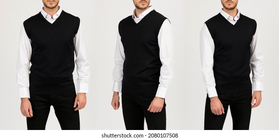 Man in a black waistcoat on a white background. Template of a black sweater.
