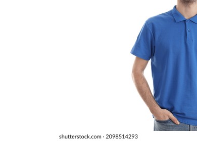 Man In Blank Blue Polo Isolated On White Background