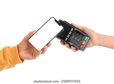 Man with blank mobile phone paying via terminal on white background - Powered by Shutterstock - Get 15% off with code: PIKWIZARD15