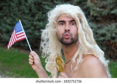 Man With Blonde Long Hair Waving US Flag 
