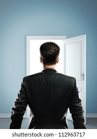 Man Blue Room Doors Open Stock Photo 112963717 