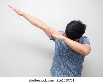 Man Blue Shirt Gesture Dabbing Dance White Isolated