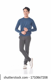 Man In Blue Shirts And Jeans Pants Isolated On White Background. Casual Handsome Full Body Young Man


