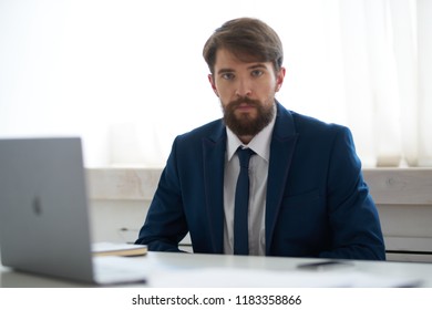 Man Blue Suit Laptop Office                          