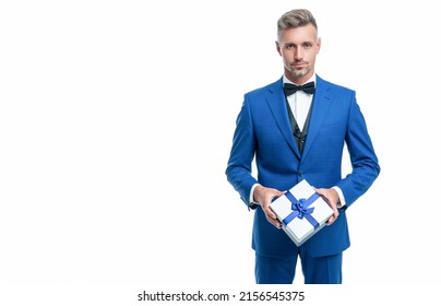 Man In Blue Tux With Business Reward Box Isolated On White