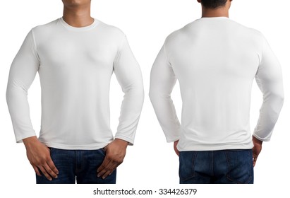 man body in white long sleeves t-shirt isolated on white background, front and back.