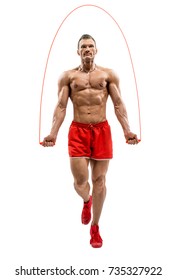 Man Bodybuilder Jumping With Jump Rope, On White Background, Isolated