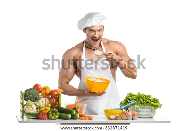 Man Bodybuilder White Toque Blanche Cook Stock Photo Edit Now