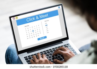 Man Booking Click And Meet Appointment On Laptop Online