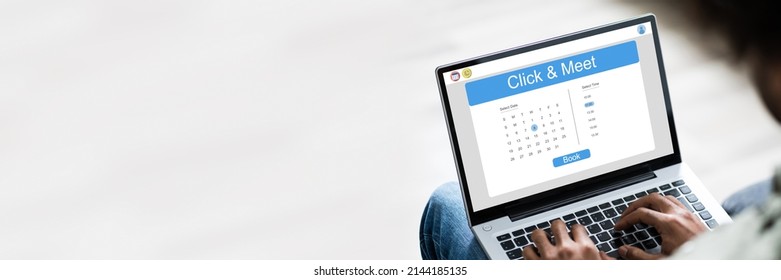 Man Booking Click And Meet Appointment On Laptop Online