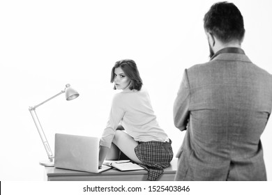 Man Boss Stand In Front Of Sexy Girl Working Laptop. Office Manager Or Secretary. Sexy Personal Secretary. Full Of Desire. Sexual Fantasy. Sexy Lady Worker. Ready For Inspection. Sexual Tension.