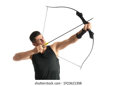 Man With Bow And Arrow Practicing Archery On White Background