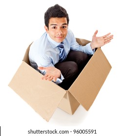 Man In A Box Looking Frustrated For A Failed Delivery - Isolated