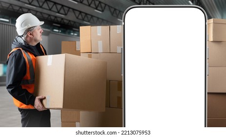 Man With Box. Phone Template. Logistics Processes. Logistics Warehouse Worker. Blank Smartphone Screen For Logistic Application. Man Unloads Parcels. Copy Space For Website On Your Phone