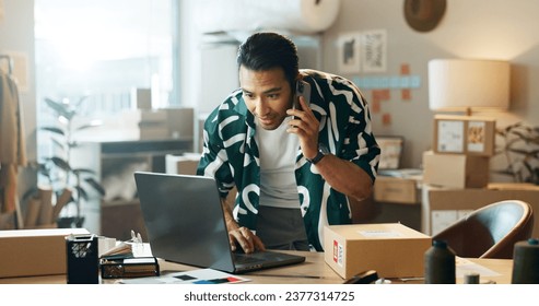 Man, boxes and phone call for e commerce, logistics and stock search on laptop, online shop or customer support. Seller, supplier or delivery talking on mobile of package or order on computer - Powered by Shutterstock