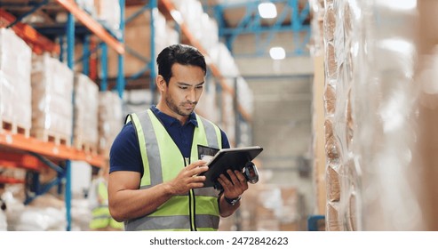 Man, boxes and scanner with tablet in logistics, e commerce or inventory of order or courier solution. Serious industrial worker with digital software for price check, information or package schedule