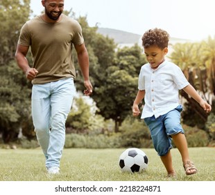 Man, Boy And Bonding With Soccer Ball In Garden, House Backyard Or Nature Grass Park For Fun Game, Match And Competition. Smile, Happy And Football For Father And Kid In Fitness, Exercise And Workout