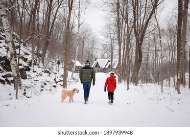 Man, Boy And Dog Walking Down Snowy Path Towards Log Cabin In Woods.