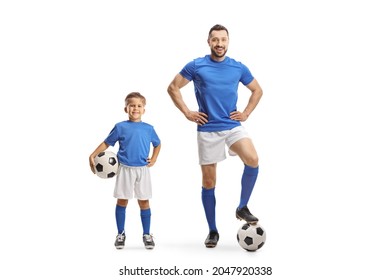 Man And Boy With Soccer Balls Wearing Same Color Jersey Isolated On White Background