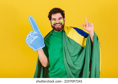 Man, Brazilian, Bearded, Soccer Fan From Brazil, Using Foam Finger Doing Dance Choreography For Team Victory, Goal.