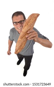 man with bread on white background