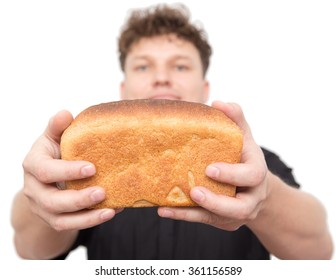 man with bread on a white background