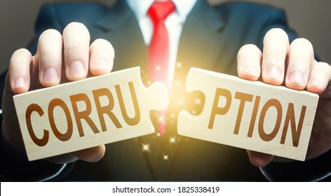 Man Breaks The Corruption Puzzle. Fight Against Corruption And Illegal Enrichment. Stop Money Laundering. Digitalization Of Government Public Services. Effective State Management. Discourage Schemes