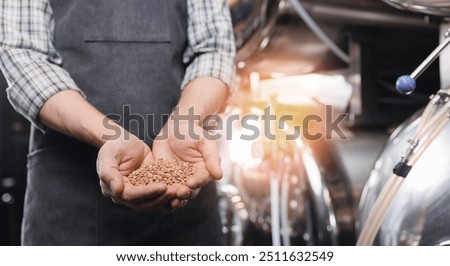 Man brewer checking barley and wheat from bag before brewing for craft beer on brewery factory.