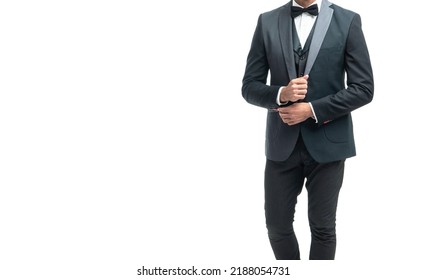 Man Bridegroom In Rich Tux Bow Isolated On White Background. Full Lentgh