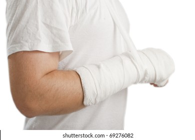 Man With A Broken Hand On A White Background