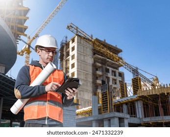 Man builder. Architect at construction site. Builder with tablet computer and papers. Man inspector checks quality of construction. Engineer near multi-story building under construction. - Powered by Shutterstock