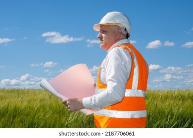 Man In Builder Uniform. Builder With Sheet Paper. Concept Preparation For Construction. Builder Stands On Green Field. Selection Of Site For Construction. Designer In White Hard Hat Under Blue Sky