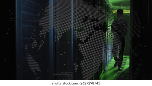 Man in business casual walking through server room, with server racks, LEDs, world map overlay. Technology, data, cybersecurity, innovation, digital, network, infrastructure - Powered by Shutterstock - Get 15% off with code: PIKWIZARD15