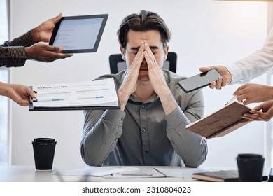 Man, business and employee with stress, multitasking or chaos with crisis, deadline or schedule. Male person, consultant or agent with depression, anxiety or mistake with documents, audit or pressure - Shutterstock ID 2310804023