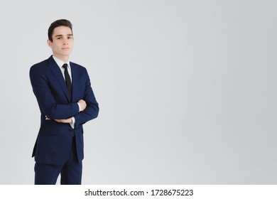 Man Business Suit Handsome Portrait Openly Friendly Greeting Candidate Example Vacancy  Student Lawyer Banker Law Gray Background  Studio